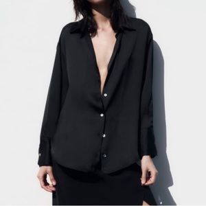 ZARA Oversized Black Silky Satin Shirt Size S NWT